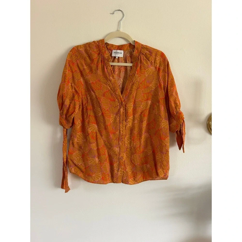 FRNCH PARIS Orange Floral Print V Neck Tie Sleeve Blouse Top‎ Medium